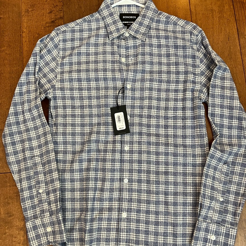 Bonobos Blue Triple Plaid cotton shirt, Sz S x Reg, NWT